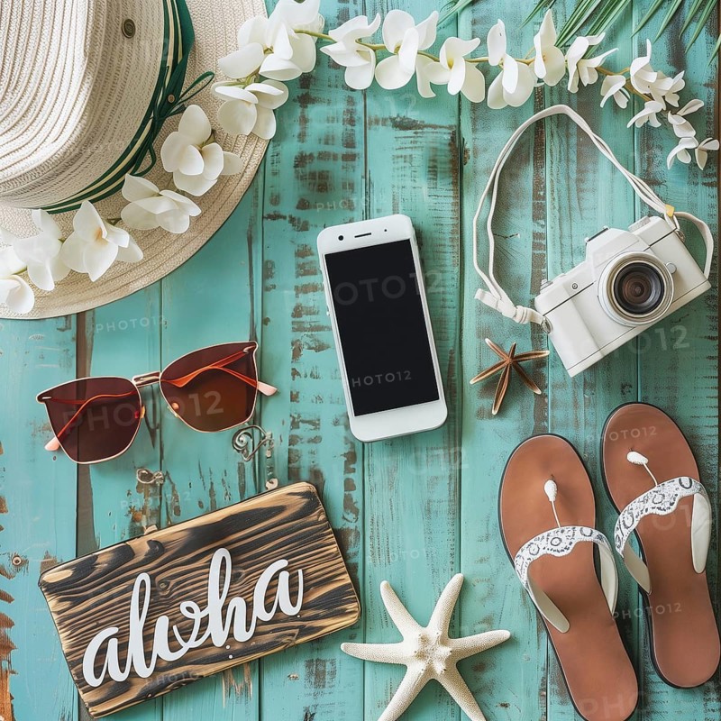 Flat lay style of Hawaiian beach accessories on seafoam green rusty wooden background, AI generated