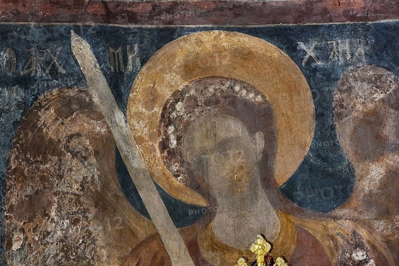 Wall painting of an angel with halo and sword in a church, weathered and damaged, Byzantine chapel Agios Nikolaos Foundoukli, between Eleousa and Profitis Ilias, Rhodes, Dodecanese, Greek Islands, Greece, Europe