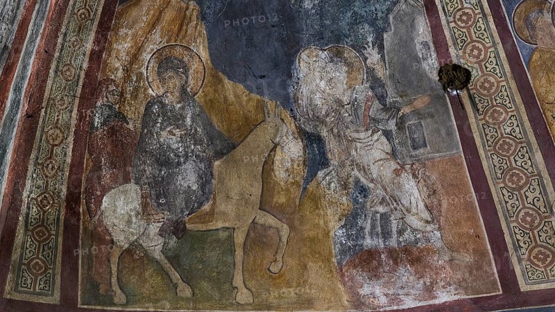 Wall painting showing a holy horseman and an angel in a church, weathered and partially damaged, Byzantine chapel Agios Nikolaos Foundoukli, between Eleousa and Profitis Ilias, Rhodes, Dodecanese, Greek Islands, Greece, Europe