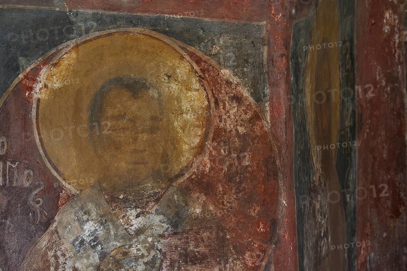 Faded mural painting of a holy person in a church, slightly damaged and weathered, Byzantine chapel Agios Nikolaos Foundoukli, between Eleousa and Profitis Ilias, Rhodes, Dodecanese, Greek Islands, Greece, Europe