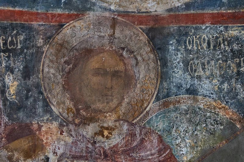 Close-up of a weathered mural in a church depicting a sacred figure, Byzantine Chapel of Agios Nikolaos Foundoukli, between Eleousa and Profitis Ilias, Rhodes, Dodecanese, Greek Islands, Greece, Europe