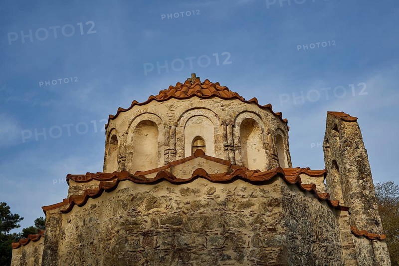 Close-up of the dome and roof of a historic church with a blue sky in the background, Byzantine Chapel of Agios Nikolaos Foundoukli, between Eleousa and Profitis Ilias, Rhodes, Dodecanese, Greek Islands, Greece, Europe