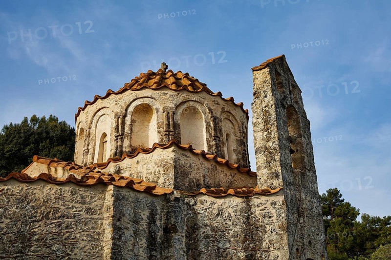 Close-up of an old church building with round windows and red bricks, Byzantine chapel Agios Nikolaos Foundoukli, between Eleousa and Profitis Ilias, Rhodes, Dodecanese, Greek Islands, Greece, Europe