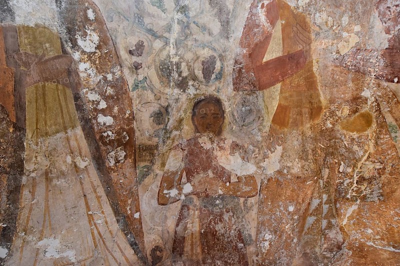 Close-up of old frescoes with religious figures and faded colours, child, Byzantine chapel Agios Nikolaos Foundoukli, between Eleousa and Profitis Ilias, Rhodes, Dodecanese, Greek Islands, Greece, Europe