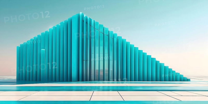 Cyan toned minimalist architecture in 3d render against surreal backdrop, AI generated