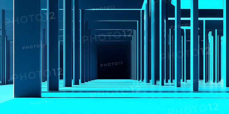 Cyan toned minimalist architecture in 3d render against surreal backdrop, AI generated