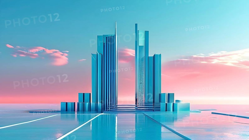 Cyan toned minimalist architecture in 3d render against surreal backdrop, AI generated