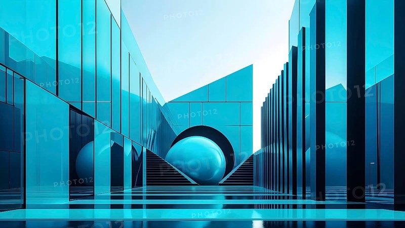 Cyan toned minimalist architecture in 3d render against surreal backdrop, AI generated