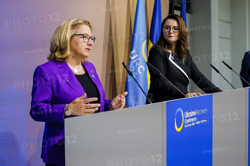 Ukraine Recovery Conference URC. Svenja Schulze (SPD), Federal Minister for Economic Cooperation and Development, with Yuliia Svyrydenko, 1st Deputy Prime Minister and Minister of Economy of Ukraine, at a press conference, Berlin, 12.06.2024. Photographed on behalf of the Federal Ministry for Economic Cooperation and Development