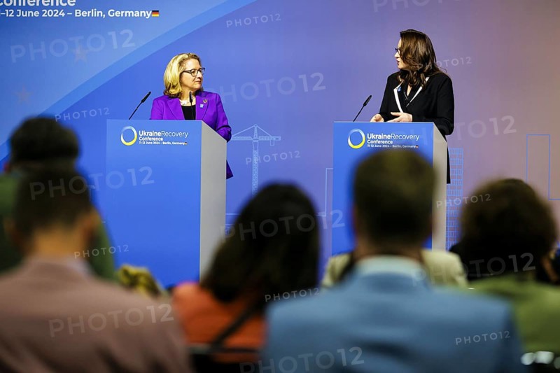 Ukraine Recovery Conference URC. Svenja Schulze (SPD), Federal Minister for Economic Cooperation and Development, with Yuliia Svyrydenko, 1st Deputy Prime Minister and Minister of Economy of Ukraine, at a press conference, Berlin, 12.06.2024. Photographed on behalf of the Federal Ministry for Economic Cooperation and Development