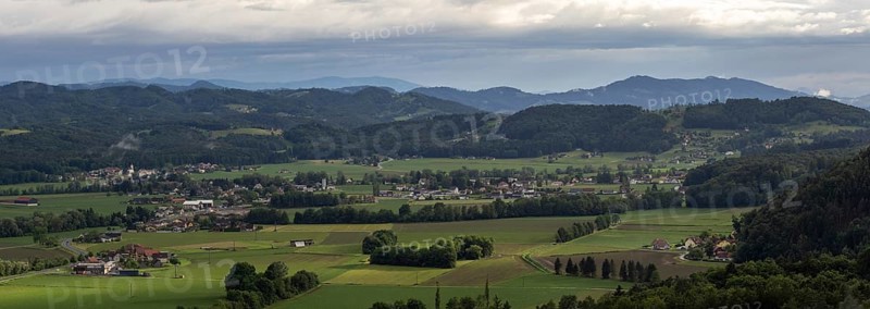 Farmland and hilly landscape, panoramic view, Heimschuh, Styria, Austria, Europe