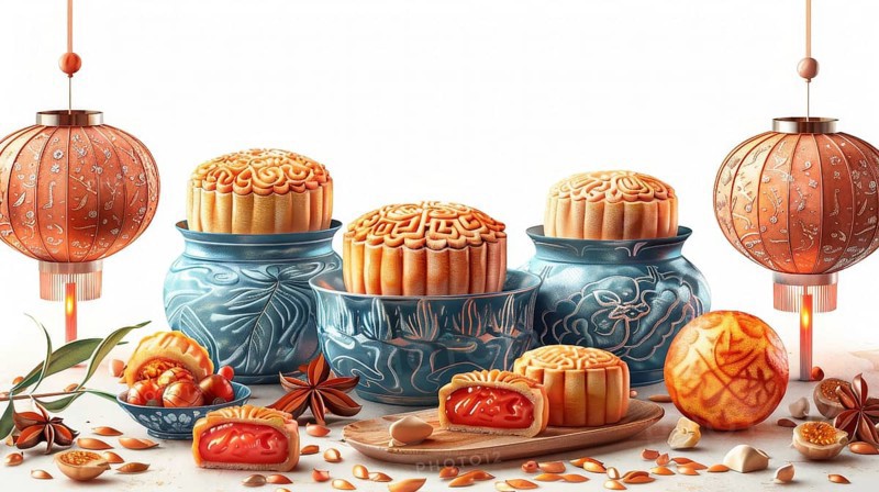 Blue vases with mooncakes and lanterns in an orange theme, representing traditional Chinese mid-autumn festival decorations, AI generated