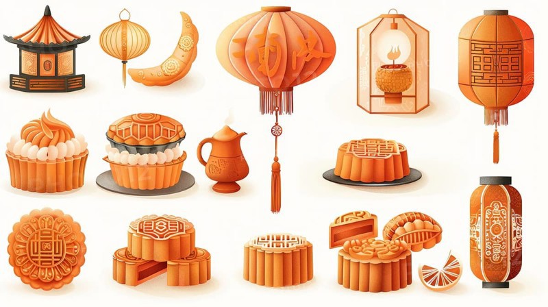 Various traditional Chinese mooncakes, tea, and lanterns depicted in a festive style with an orange color palette, AI generated