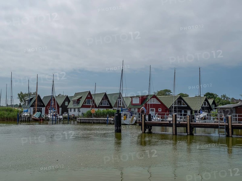 An idyllic harbour with houses along the water, where several boats and sailing ships are moored, under a cloudy sky, ahrenshoop, zingst, germany
