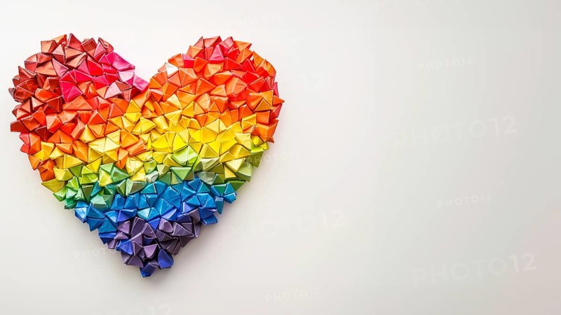 A heart made of LGBT rainbow flag colors over white background and copy space, AI generated