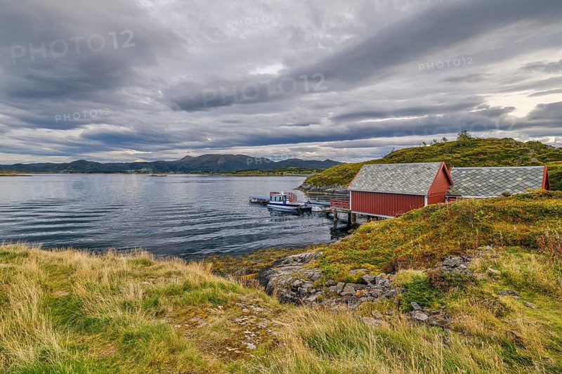 Boathouse on the Atlantic Road, cloudy mood, Atlanterhavsveien, More og Romsdal, Norway, Europe