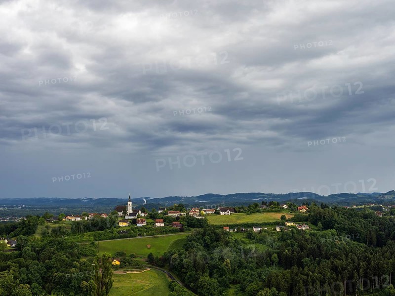 Thunderclouds over Frauenberg pilgrimage church, near Leibnitz, Styria, Austria, Europe