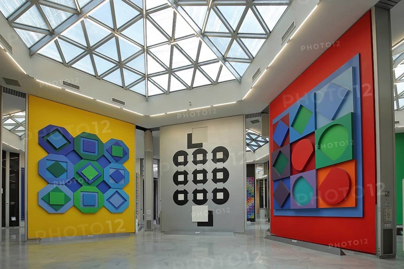 Exhibition at the Fondation Vasarely, Victor Vasarely, museum, modern, artwork, futurism, art object, integration, wall, 3, times, 3x3, geometric, symmetrical, Aix-en-Provence, Bouches-du-Rhône, Camargue, Provence, France, Europe