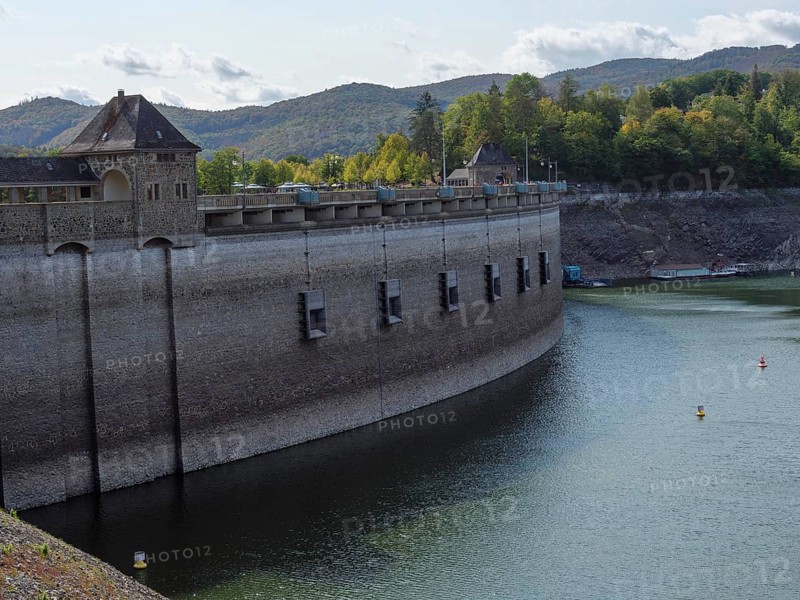 Massive dam impounding a river with neighbouring forest and hilly landscape, Waldeck, Hesse, Germany, Europe