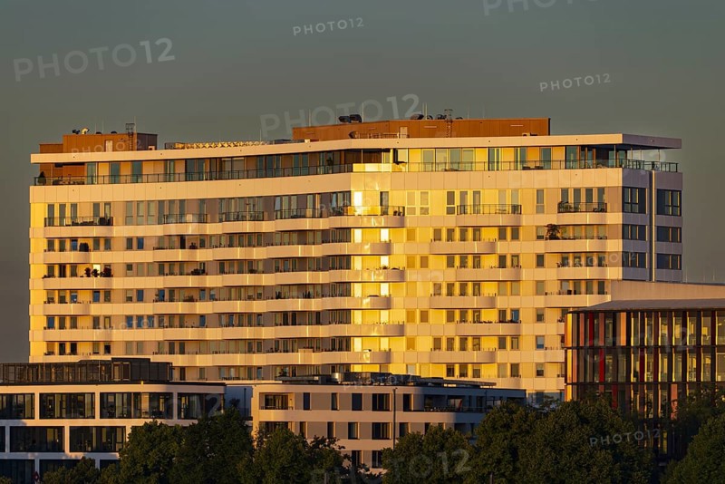 Residential complex at sunrise, luxury flats, Cologne, North Rhine-Westphalia, Germany, Europe