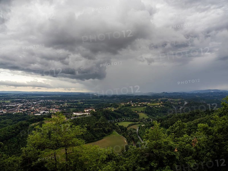 Storm clouds over Leibnitz, Seggau Castle, Frauenberg pilgrimage church in the background, view from the Kreuzkogel lookout point, panoramic photo, Kogelberg near Leibnitz, Styria, Austria, Europe