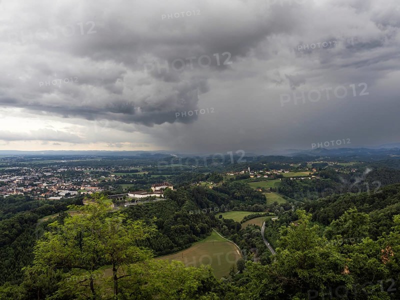 Storm clouds over Leibnitz, Seggau Castle, Frauenberg pilgrimage church in the background, view from the Kreuzkogel lookout point, panoramic photo, Kogelberg near Leibnitz, Styria, Austria, Europe