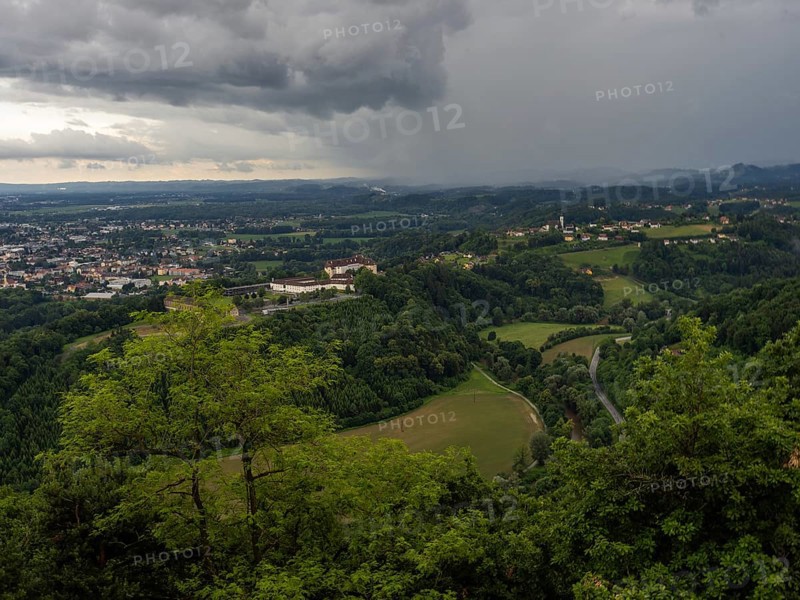 Storm clouds over Leibnitz, Seggau Castle, Frauenberg pilgrimage church in the background, view from the Kreuzkogel lookout point, panoramic photo, Kogelberg near Leibnitz, Styria, Austria, Europe