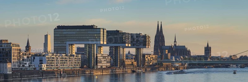 Panorama from the south bridge, Rheinau harbour with crane houses, cathedral and Severinsbrücke, Cologne, North Rhine-Westphalia, Germany, Europe