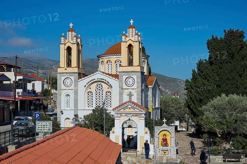 Beautiful church in a village with blue sky in the background, Church of Agios Panteleion, Siana village, near Monolithos village, Rhodes, Dodecanese, Greek Islands, Greece, Europe