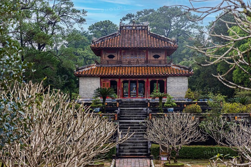 Imperial Minh Mang Tomb in Hue city, Vietnam. A UNESCO World Heritage Site. Beautiful day with blue sky. Travel and landscape concept