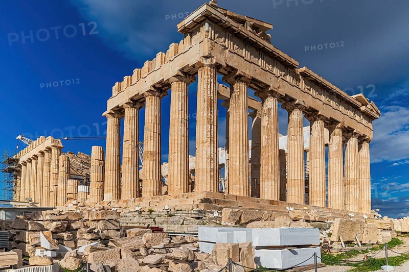 Parthenon temple with blue sky and no people