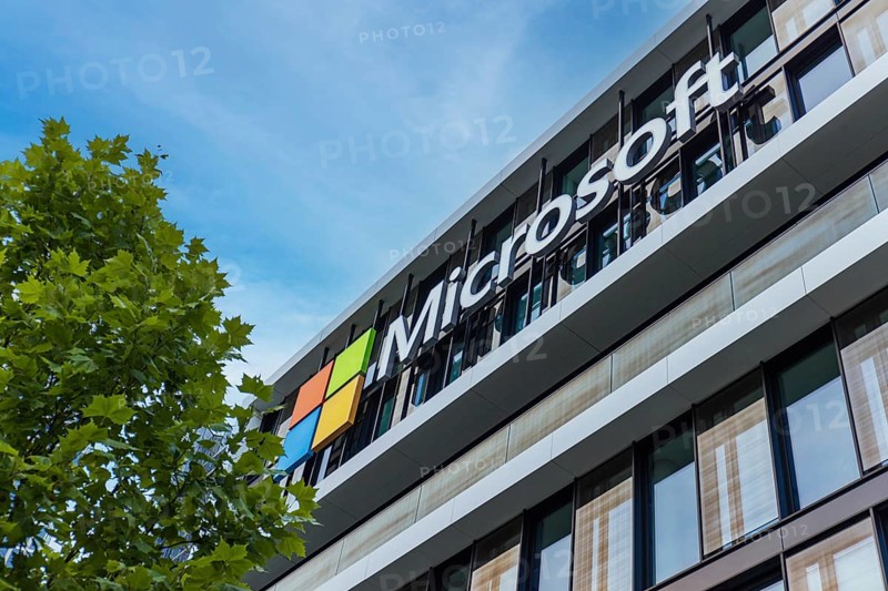 Microsoft logo at the company office building located in Munich, Germany, Europe