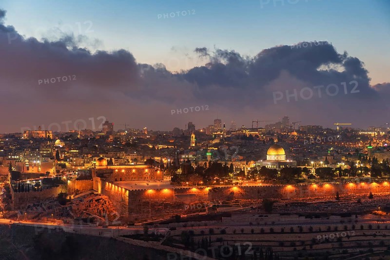 Temple Mount, Al-Aqsa Mosque and Dome of the Rock in Old City seen from Mount of Olives