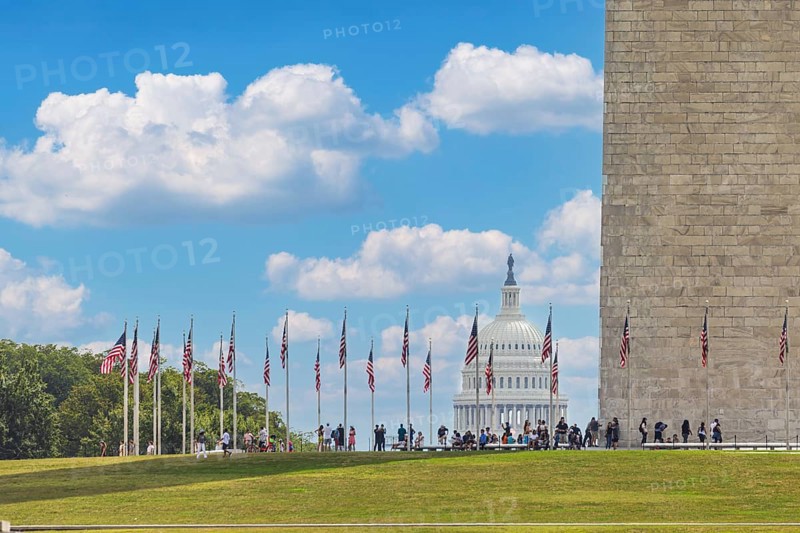 American flags at sunny day and Capitol Building in background