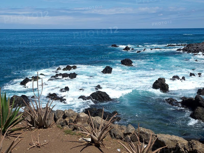 Stormy waves crash against the rocky coast under a clear sky, Puerto de la cruz, tenerife, spain