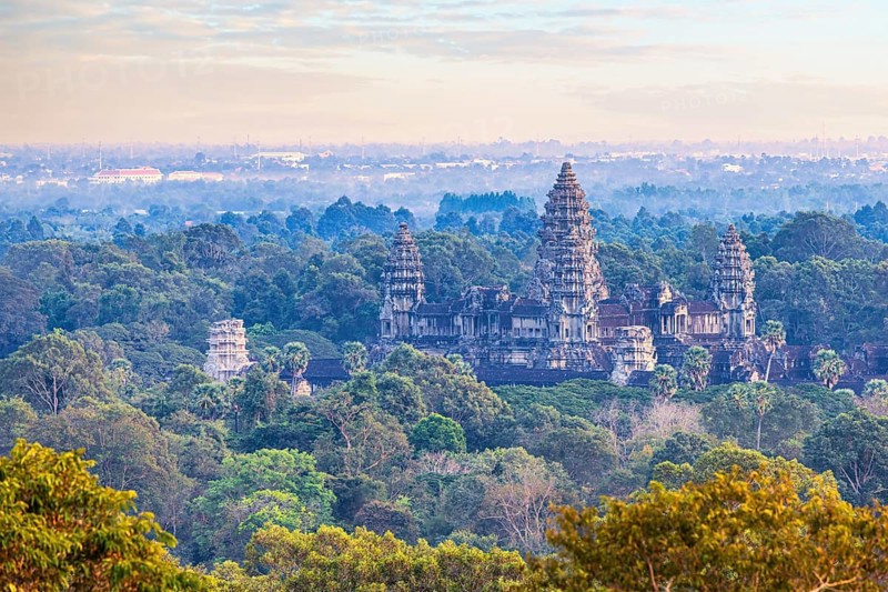 Aerial view of teh main temple complex Angkor Wat embedded in the jungle