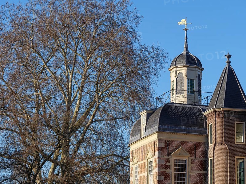 Close-up of a castle tower with a weather vane and large trees in the background, ruurlo, gelderland, netherlands