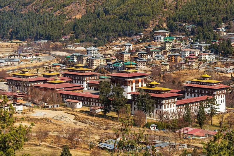Aerial view of Tashichho Dzong with Thimphu city