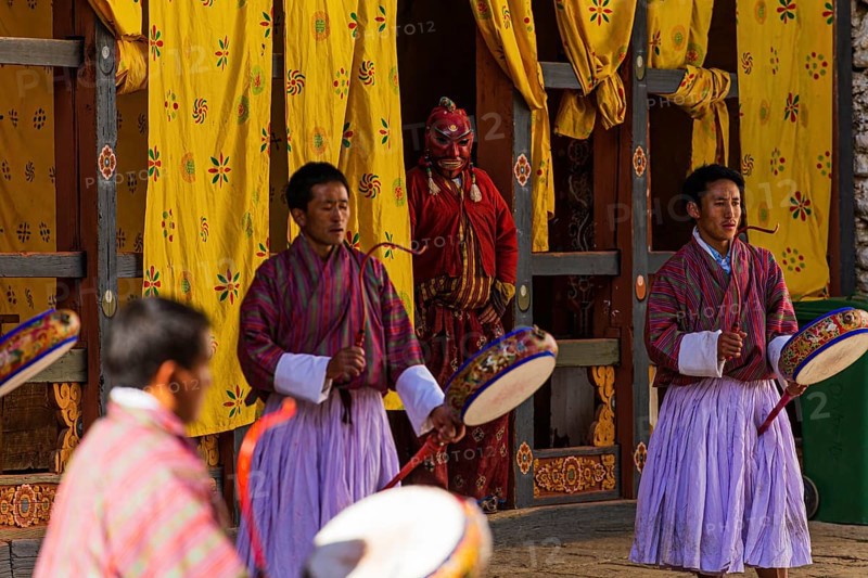 Monks danzing for the Tsechu at Trongsa Dzong