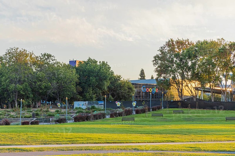 Exterior scene at the Googleplex, the corporate headquarters complex of Google and its parent company, Alphabet Inc., in Mountain View