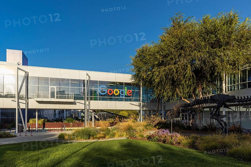 Exterior scene at the Googleplex, the corporate headquarters complex of Google and its parent company, Alphabet Inc., in Mountain View