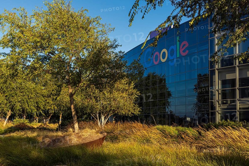 Exterior scene at the Googleplex, the corporate headquarters complex of Google and its parent company, Alphabet Inc., in Mountain View