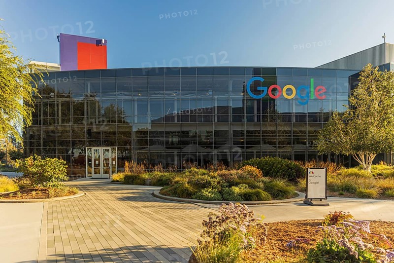 Exterior scene at the Googleplex, the corporate headquarters complex of Google and its parent company, Alphabet Inc., in Mountain View