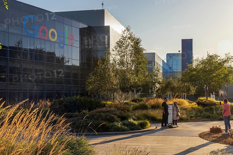 Exterior scene at the Googleplex, the corporate headquarters complex of Google and its parent company, Alphabet Inc., in Mountain View