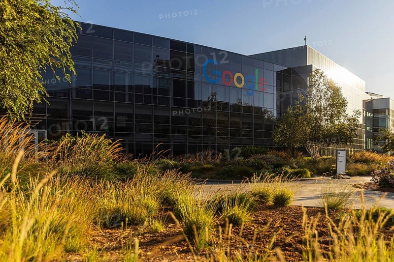 Exterior scene at the Googleplex, the corporate headquarters complex of Google and its parent company, Alphabet Inc., in Mountain View