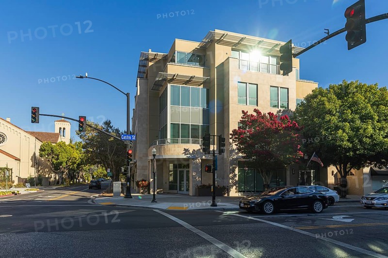 Castro Street in downtown Mountain View, California, USA. Evening sunshine