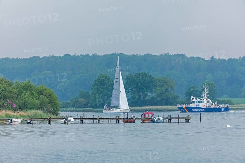 Jetty, sailing boat, coastguard boat, Ellenberg, Kappeln, Schlei, Schleswig-Holstein, Germany, Europe