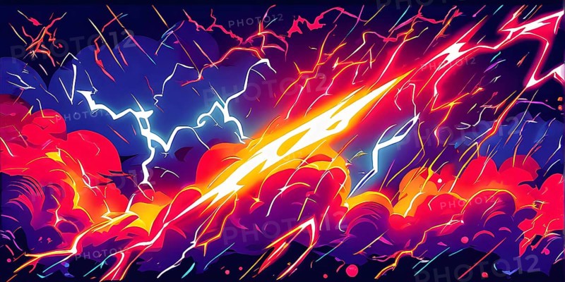 Abstract pop art comic illustration in vibrant colors with thunderbolt crackling across the canvas, AI generated
