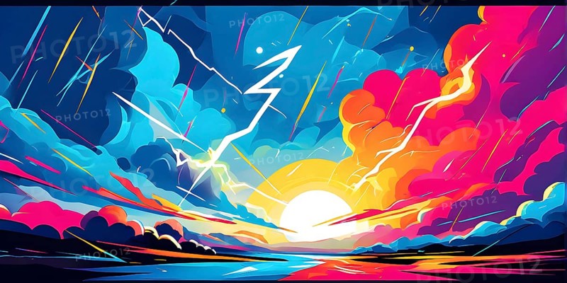 Abstract pop art comic illustration in vibrant colors with thunderbolt crackling across the canvas, AI generated