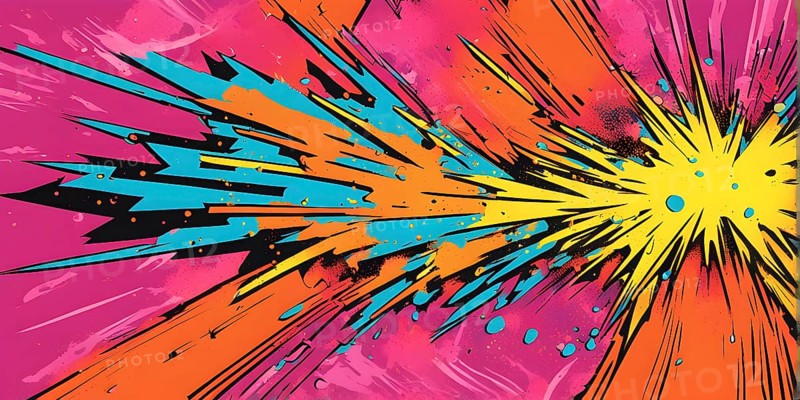 Abstract pop art comic illustration in vibrant colors with thunderbolt crackling across the canvas, AI generated